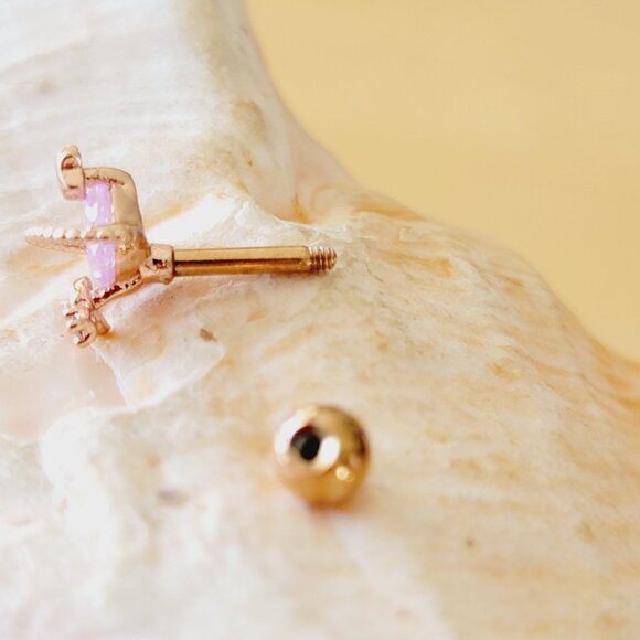 16G Rose Gold Planet Saturn with imitation pink opal clear CZ helix cartilage - Picture 6 of 6